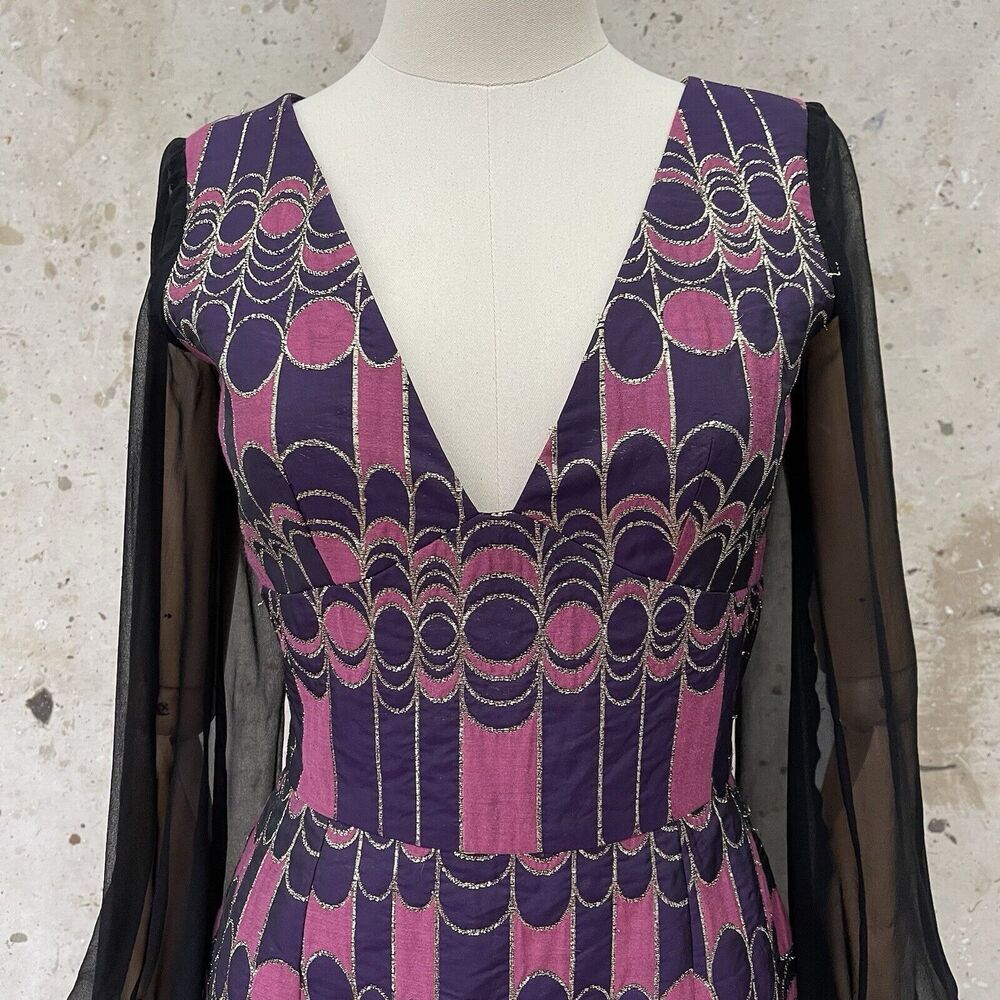 Trina Turk 60’s Style Op-Art Pattern Dress With Silk Chiffon Sleeves, Small - Picture 5 of 9